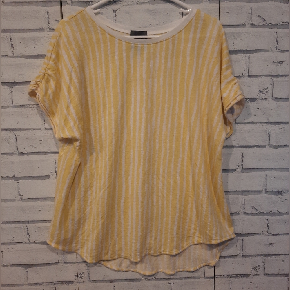 Lysse Women's Size XL Linen Blend Top Yellow White Stripe Short Elastic Sleeve